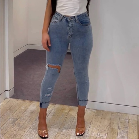 High Waist Distress Cutout Stretch Medium Wash Skinny Jeans - Picture 6 of 6